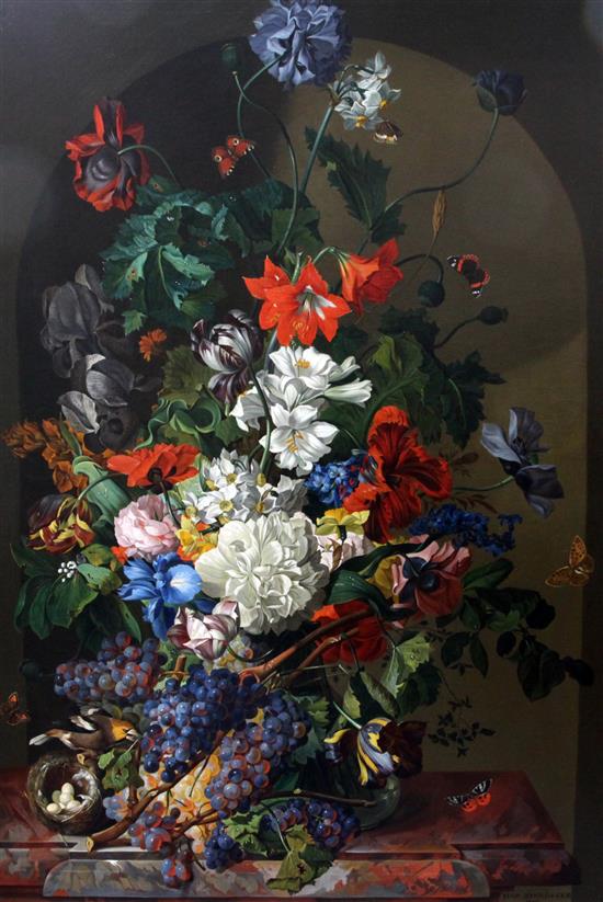 Leopold Zinnogger (Austrian, 1811-1872) Still life of flowers, fruit, butterflies and birds nest upon a marble ledge, 53 x 37in.